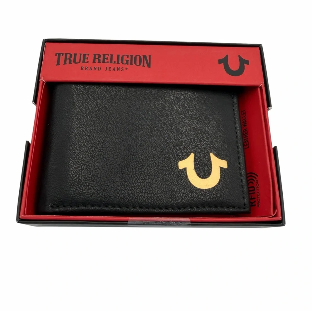 True Religion Black Leather Bifold Wallet Flip Slot New RFID